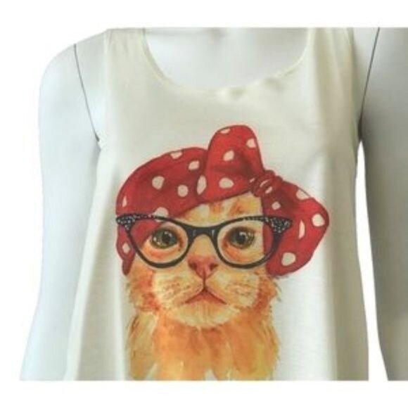 Sleeveless Ivory Tank Top With Cat Graphic & Red Polka Dot Bow - Picture 2 of 4
